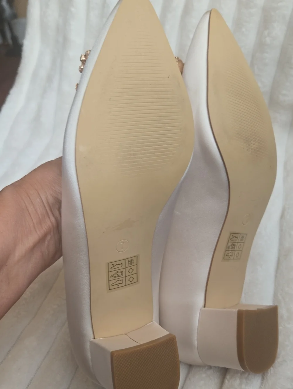 Soft Cream Satin Pointed Toe Low Heel Flats with Gold & Pink Crystal Buckle